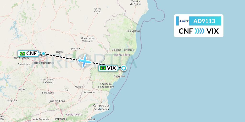 AD9113 Azul Brazilian Airlines Flight Map: Belo Horizonte to Vitoria