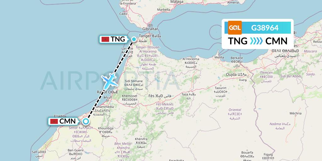 G38964 GOL Transportes Aeros Flight Map: Tangier to Casablanca
