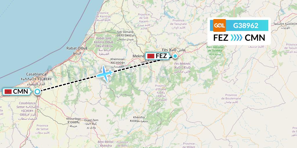 G38962 GOL Transportes Aeros Flight Map: Fes to Casablanca