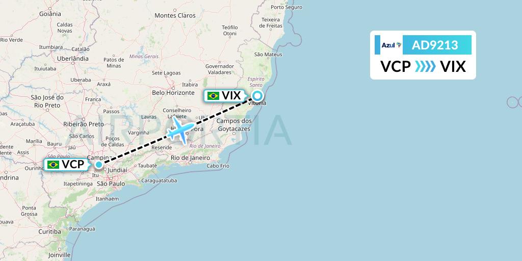 AD9213 Azul Brazilian Airlines Flight Map: Campinas to Vitoria