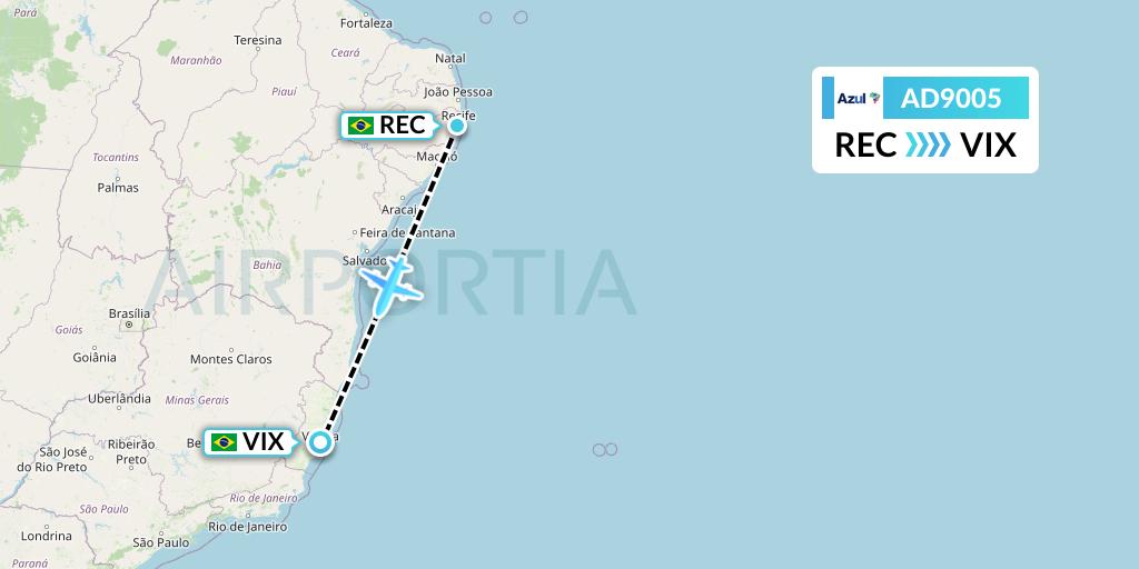 AD9005 Azul Brazilian Airlines Flight Map: Recife to Vitoria