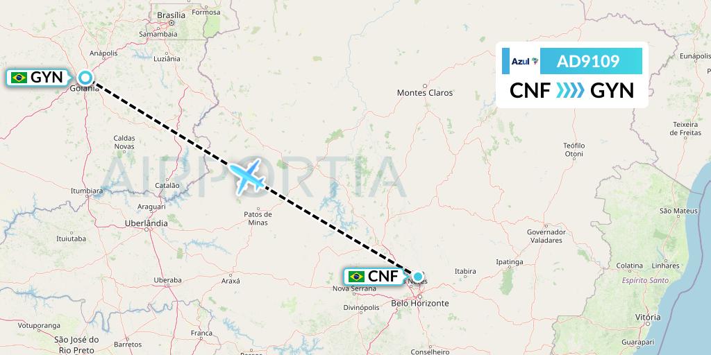 AD9109 Azul Brazilian Airlines Flight Map: Belo Horizonte to Goiania