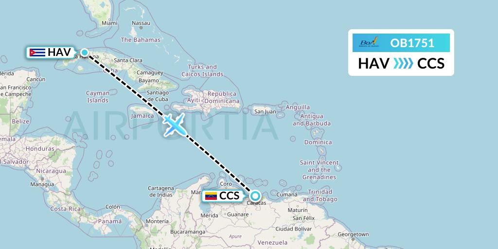 OB1751 Boliviana de Aviacion Flight Map: Havana to Caracas