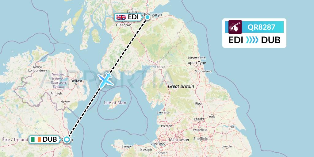 QR8287 Qatar Airways Flight Map: Edinburgh to Dublin