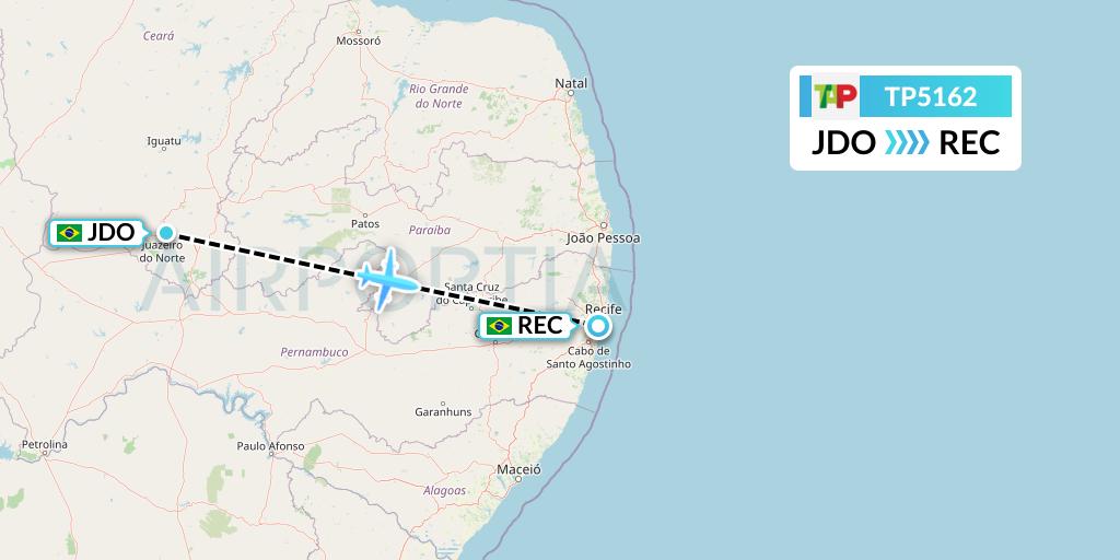 TP5162 TAP Portugal Flight Map: Juazeiro Do Norte to Recife