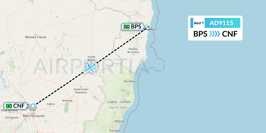 AD9115 Azul Brazilian Airlines Flight Map: Porto Seguro to Belo Horizonte