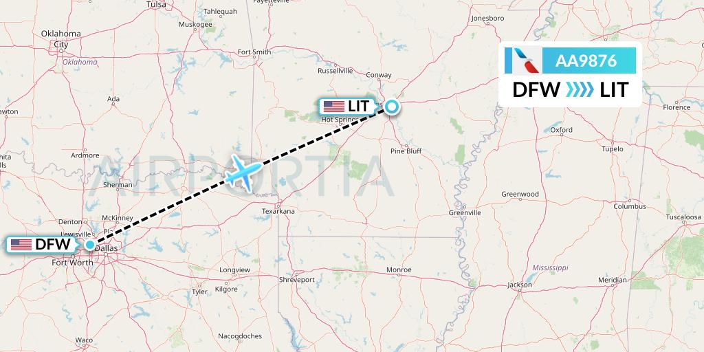 AA9876 American Airlines Flight Map: Dallas to Little Rock