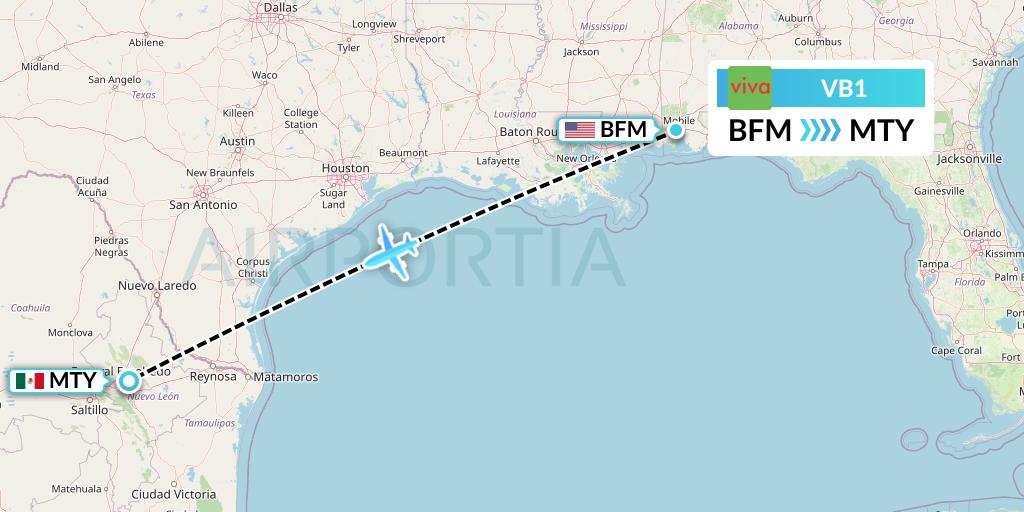 VB1 VivaAerobus Flight Map: Mobile to Monterrey