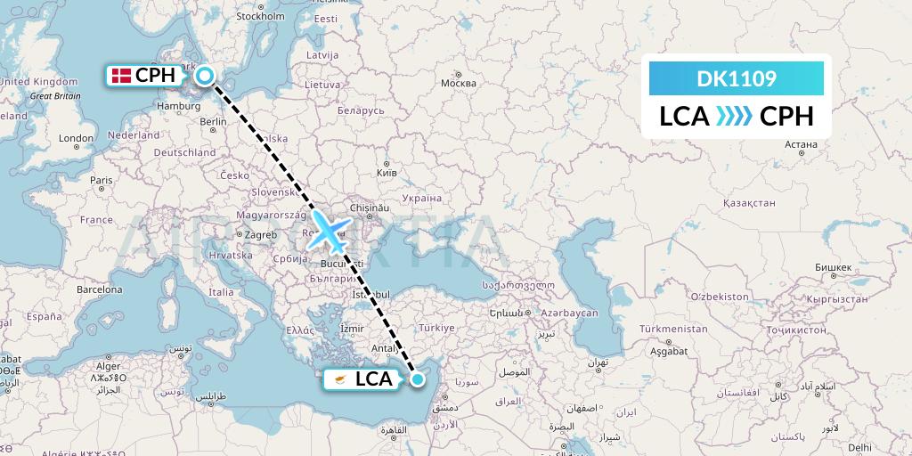 DK1109 Thomas Cook Airlines Scandinavia Flight Map: Larnaca to Copenhagen
