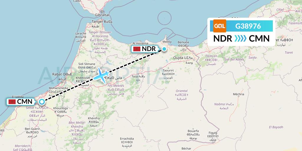 G38976 GOL Transportes Aeros Flight Map: Nador to Casablanca