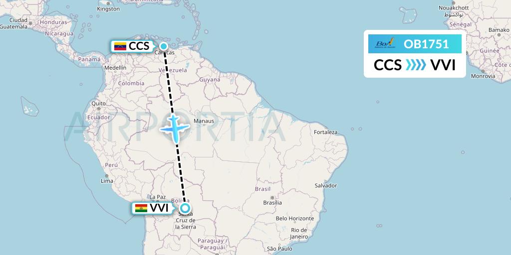 OB1751 Boliviana de Aviacion Flight Map: Caracas to Santa Cruz