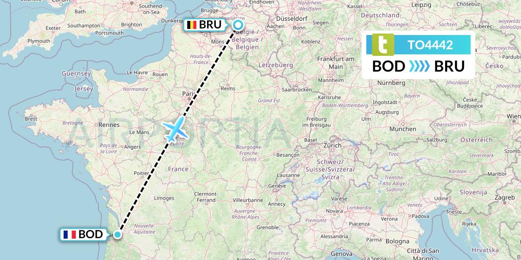 TO4442 Transavia France Flight Map: Bordeaux to Brussels