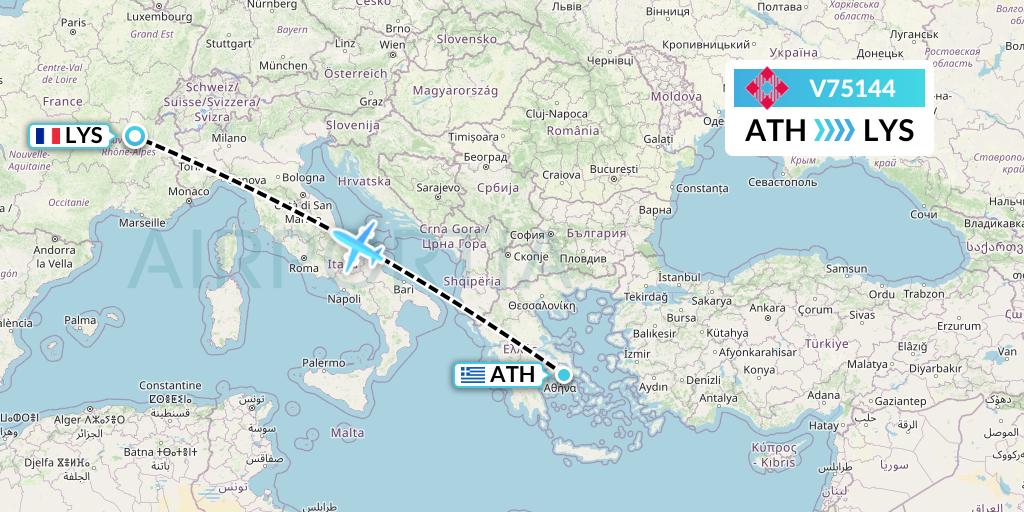 V75144 Volotea Flight Map: Athens to Lyon