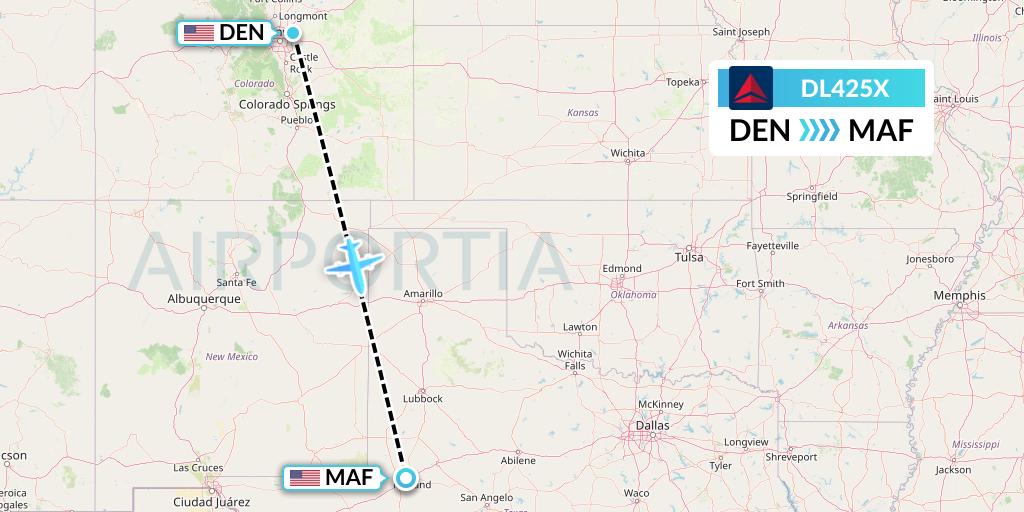 DL425X Delta Air Lines Flight Map: Denver to Midland