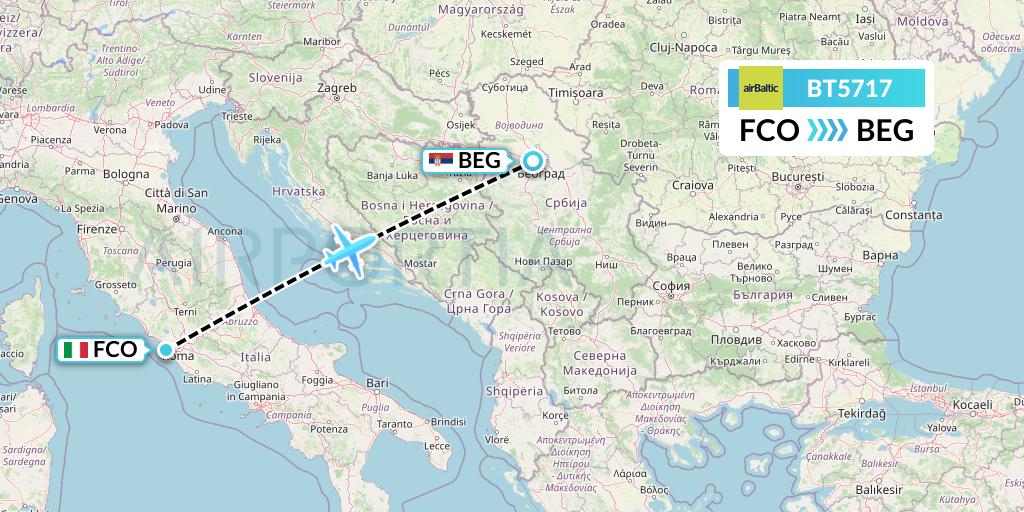 BT5717 Air Baltic Flight Map: Rome to Belgrade