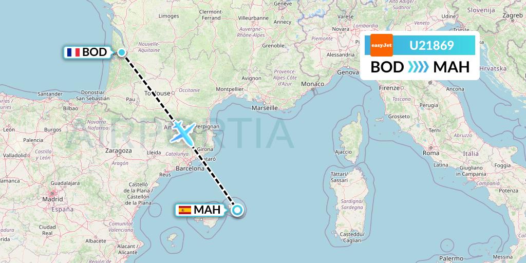 U21869 EasyJet Flight Map: Bordeaux to Mahon