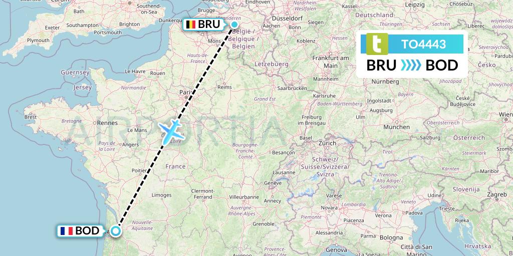 TO4443 Transavia France Flight Map: Brussels to Bordeaux