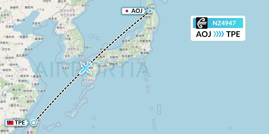 NZ4947 Air New Zealand Flight Map: Aomori to Taipei