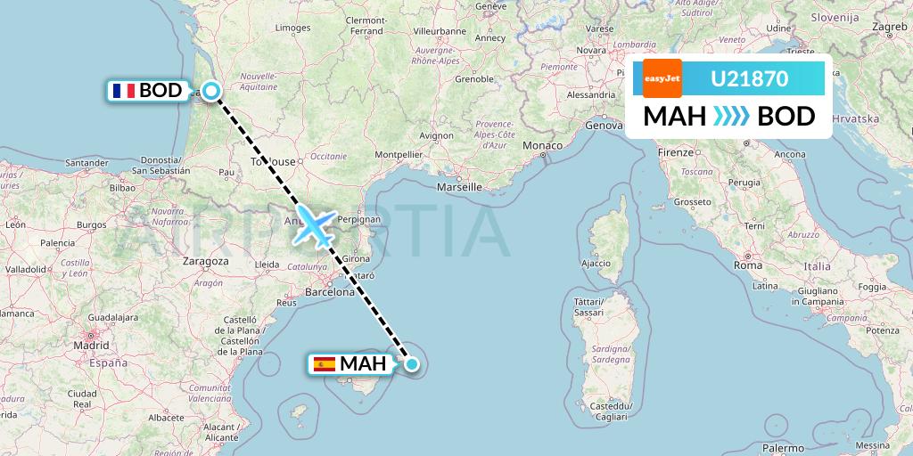 U21870 EasyJet Flight Map: Mahon to Bordeaux