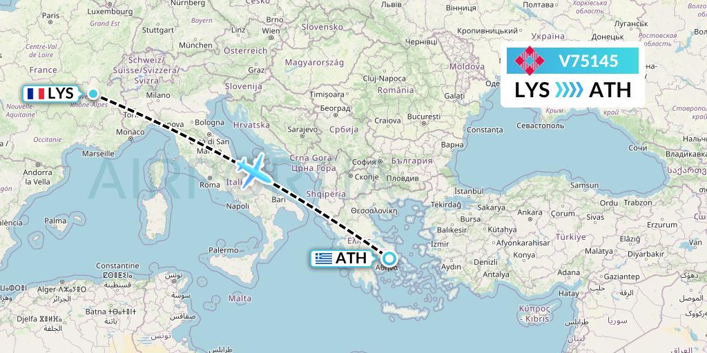 V75145 Volotea Flight Map: Lyon to Athens