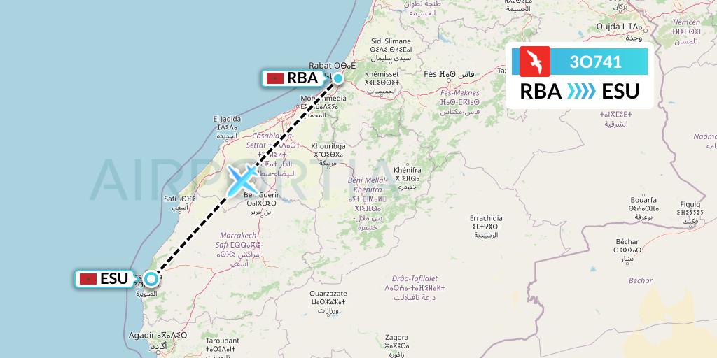 3O741 Air Arabia Maroc Flight Map: Rabat to Essaouira