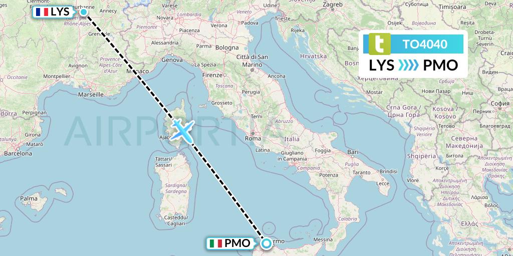TO4040 Transavia France Flight Map: Lyon to Palermo