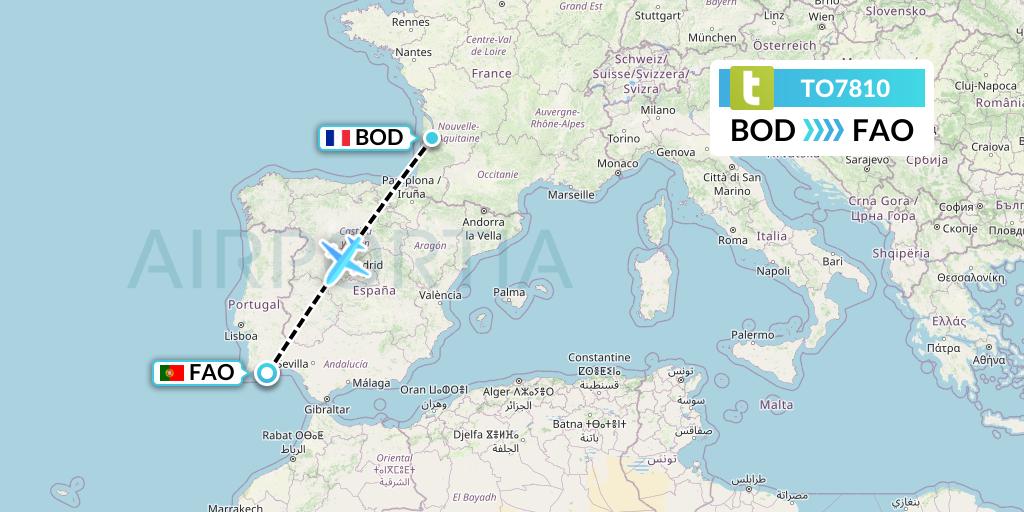 TO7810 Transavia France Flight Map: Bordeaux to Faro