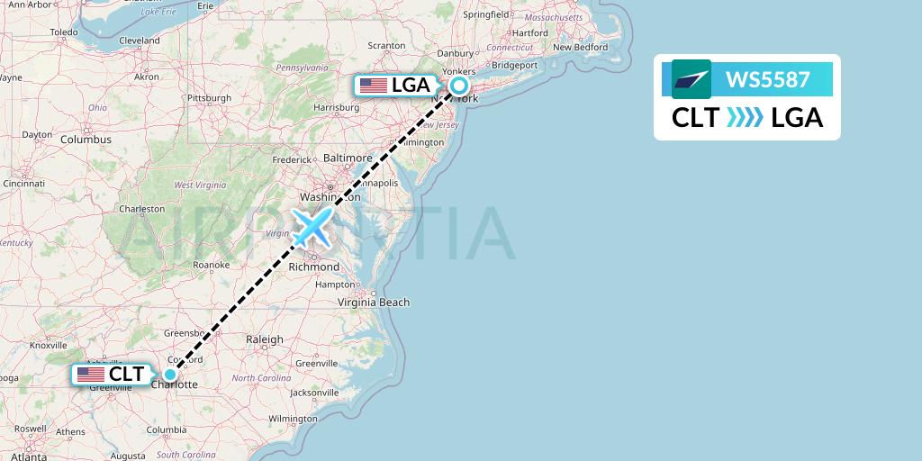 WS5587 WestJet Flight Map: Charlotte to New York