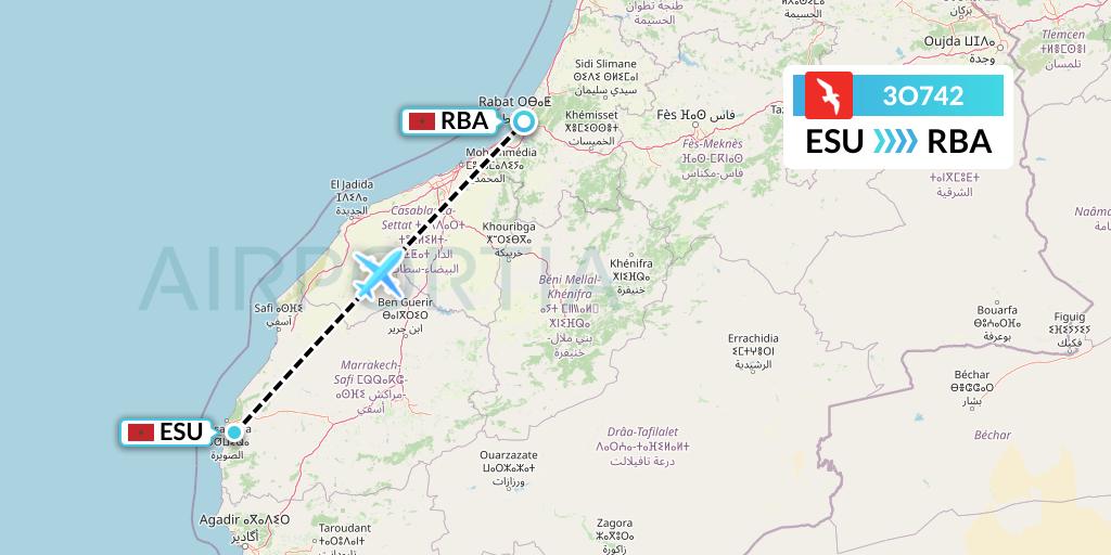 3O742 Air Arabia Maroc Flight Map: Essaouira to Rabat