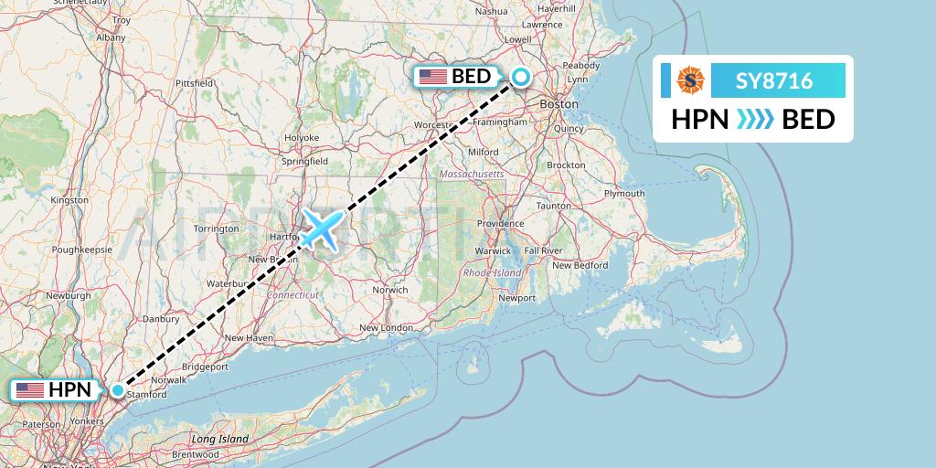 SY8716 Sun Country Airlines Flight Map: White Plains to Bedford