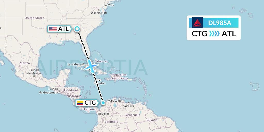 DL985A Delta Air Lines Flight Map: Cartagena to Atlanta