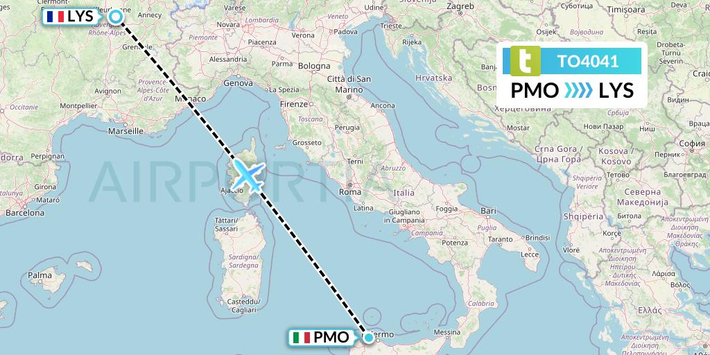 TO4041 Transavia France Flight Map: Palermo to Lyon