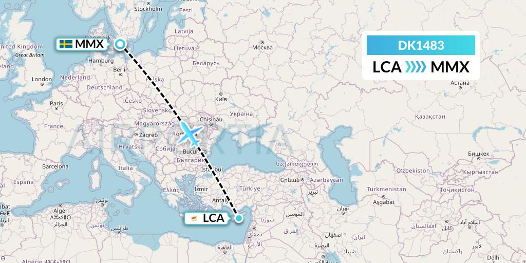 DK1483 Thomas Cook Airlines Scandinavia Flight Map: Larnaca to Malmo