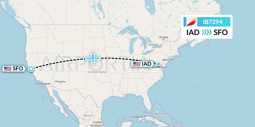 IB7294 Iberia Flight Map: Washington to San Francisco