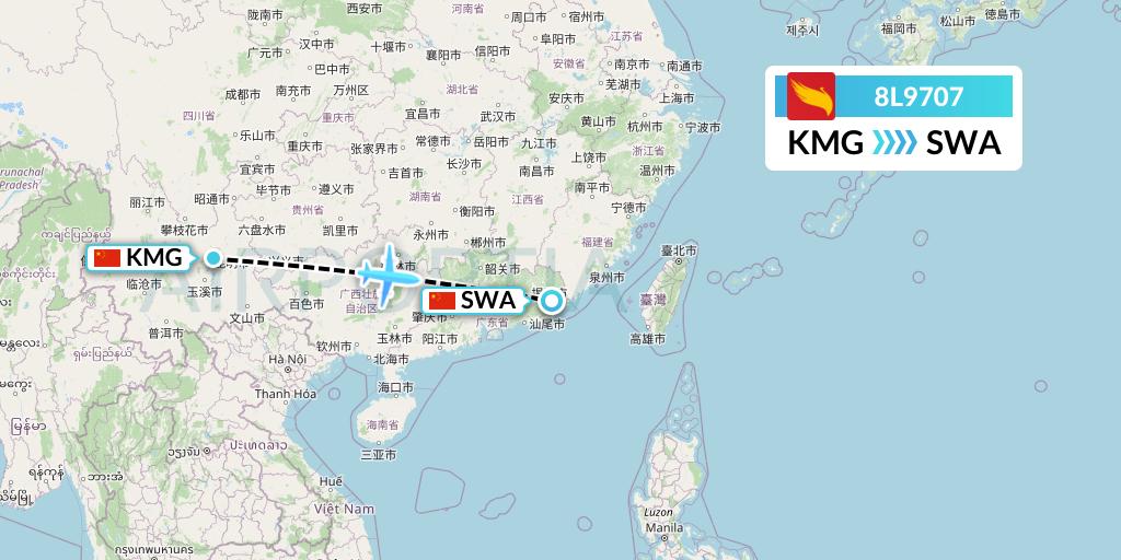 8L9707 Lucky Air Flight Map: Kunming to Jieyang