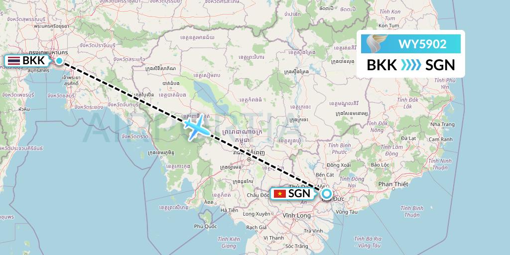 WY5902 Oman Air Flight Map: Bangkok to Ho Chi Minh City