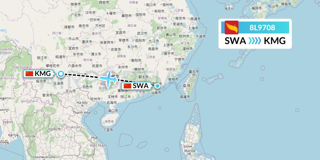 8L9708 Lucky Air Flight Map: Jieyang to Kunming