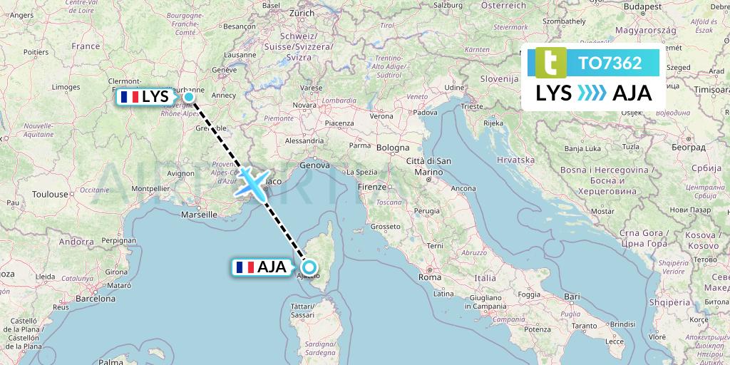 TO7362 Transavia France Flight Map: Lyon to Ajaccio