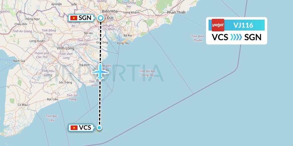 VJ116 VietJet Air Flight Map: Con Dao to Ho Chi Minh City