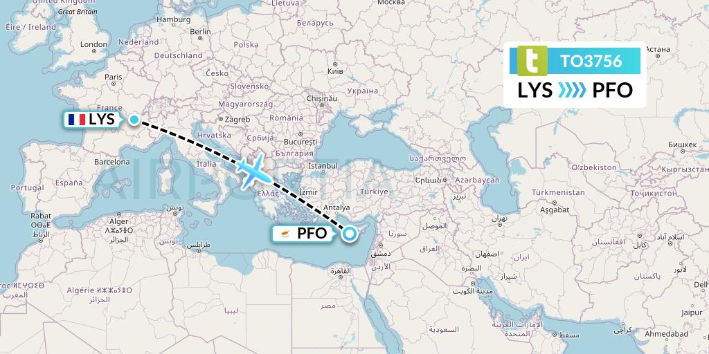 TO3756 Transavia France Flight Map: Lyon to Pafos
