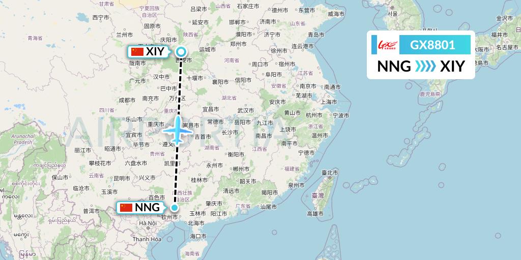 GX8801 GX Airlines Flight Map: Nanning to Xi'an