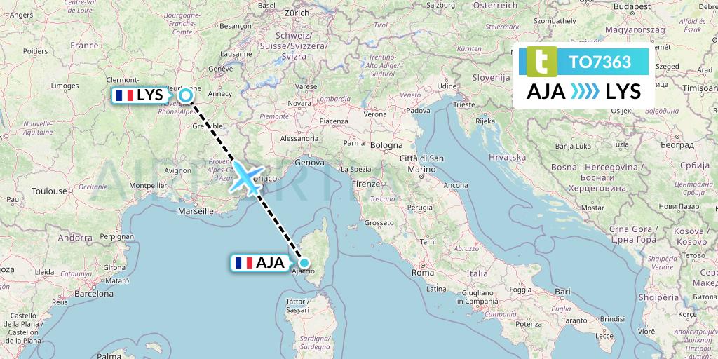 TO7363 Transavia France Flight Map: Ajaccio to Lyon