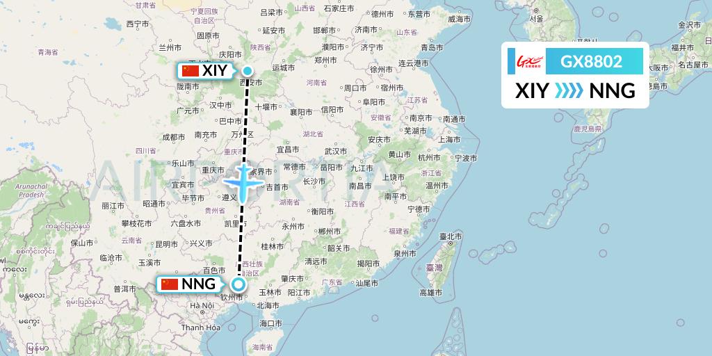 GX8802 GX Airlines Flight Map: Xi'an to Nanning