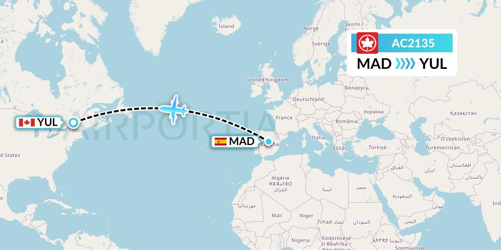 AC2135 Air Canada Flight Map: Madrid to Montreal