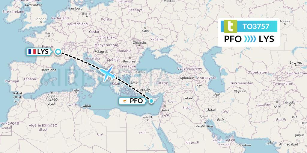 TO3757 Transavia France Flight Map: Pafos to Lyon