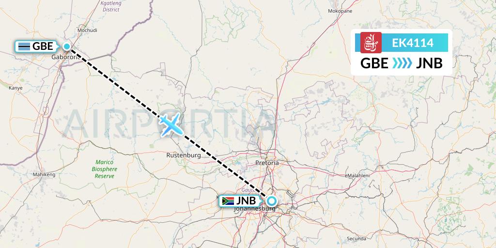 EK4114 Emirates Flight Map: Gaborone to Johannesburg