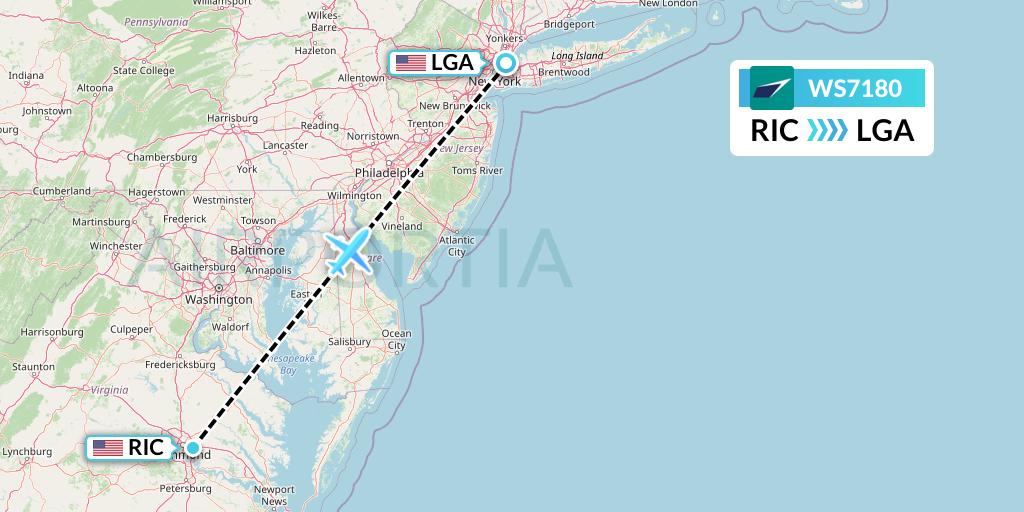 WS7180 WestJet Flight Map: Richmond to New York