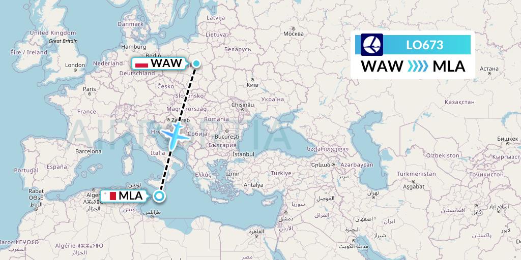 LO673 LOT Flight Map: Warsaw to Malta