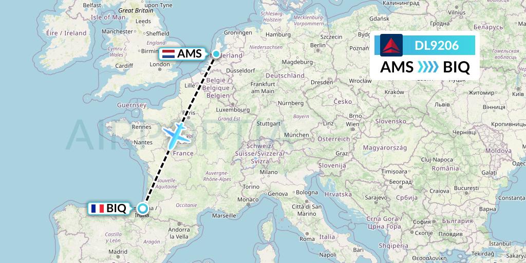DL9206 Delta Air Lines Flight Map: Amsterdam to Biarritz