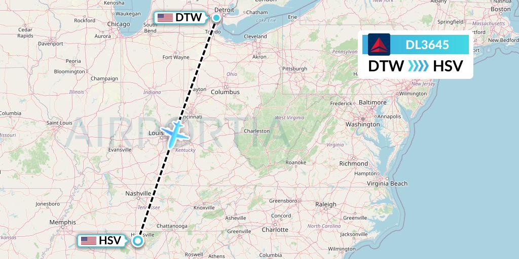 DL3645 Delta Air Lines Flight Map: Detroit to Huntsville
